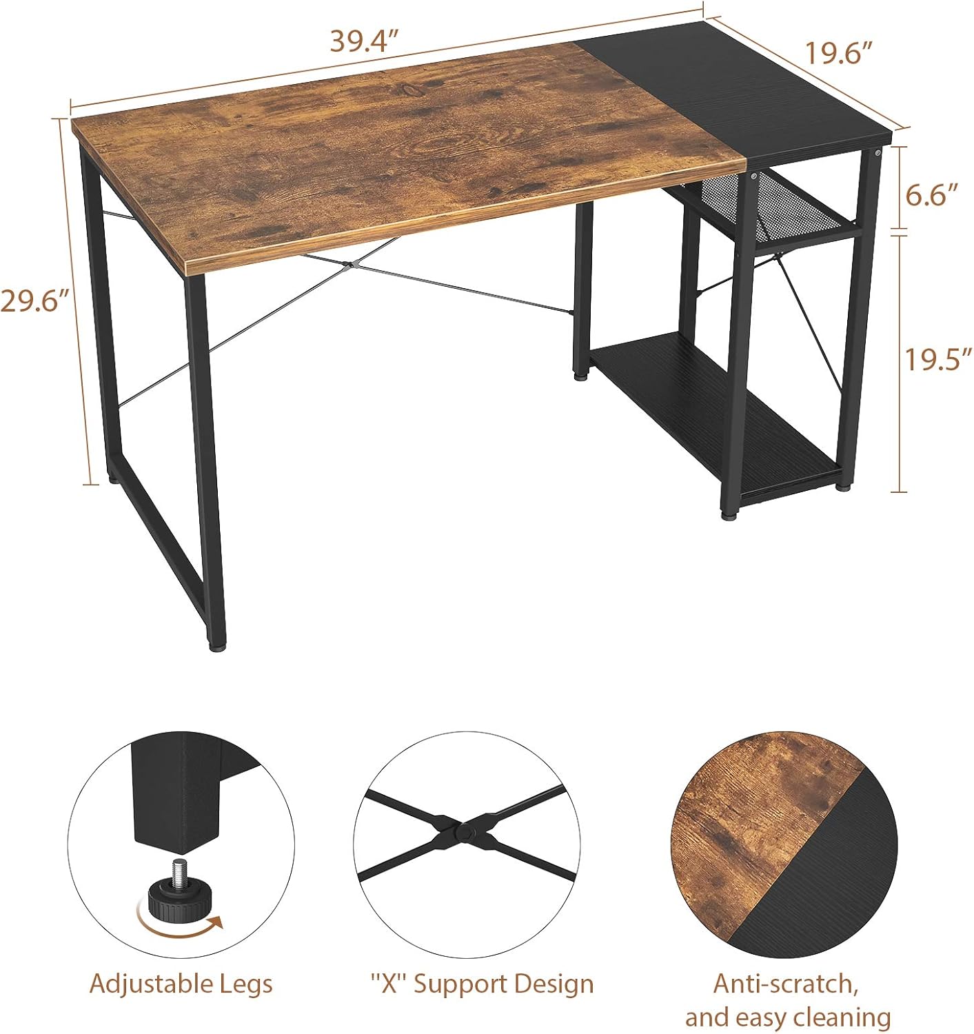 Ecoprsio Home Office Computer Desk, 40 Inch Small Writing Desk Table with Storage Shelves, 2-Tier Simple PC Gaming Desk for Home, Rustic and Black: Kitchen & Dining