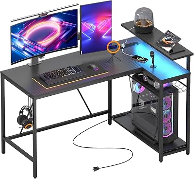 Bestier 132.5CM L-Shaped Desk Carbon Fibre Surface 3 Power USB Ports
