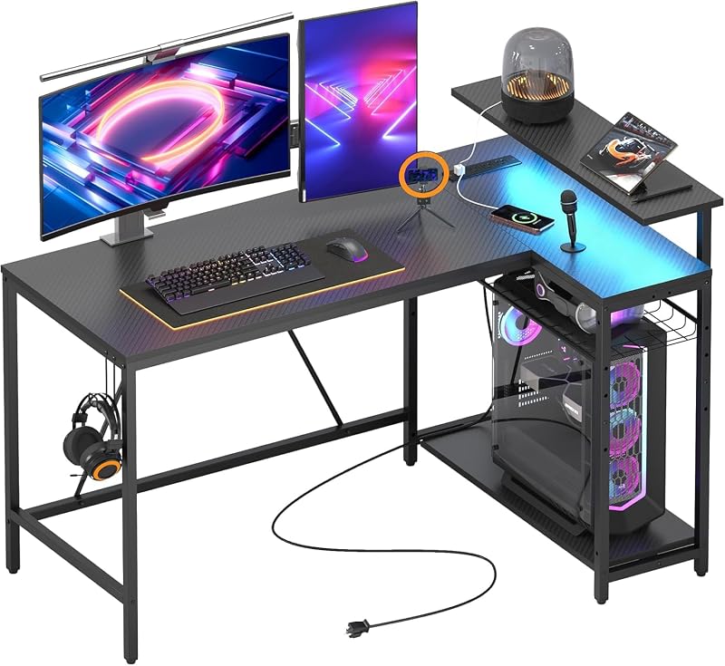 Bestier 132.5CM L-Shaped Desk Carbon Fibre Surface 3 Power USB Ports