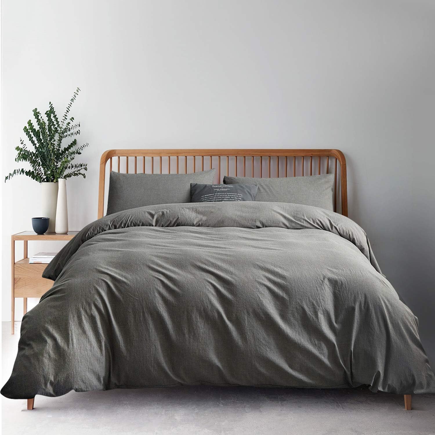 ATsense Duvet Cover King, 100% Washed Cotton, 3-Piece Bedding Comforter Cover Set, Simple Style Farmhouse Bedding Set with Zipper Closure&Corner Ties(Grey 7063)