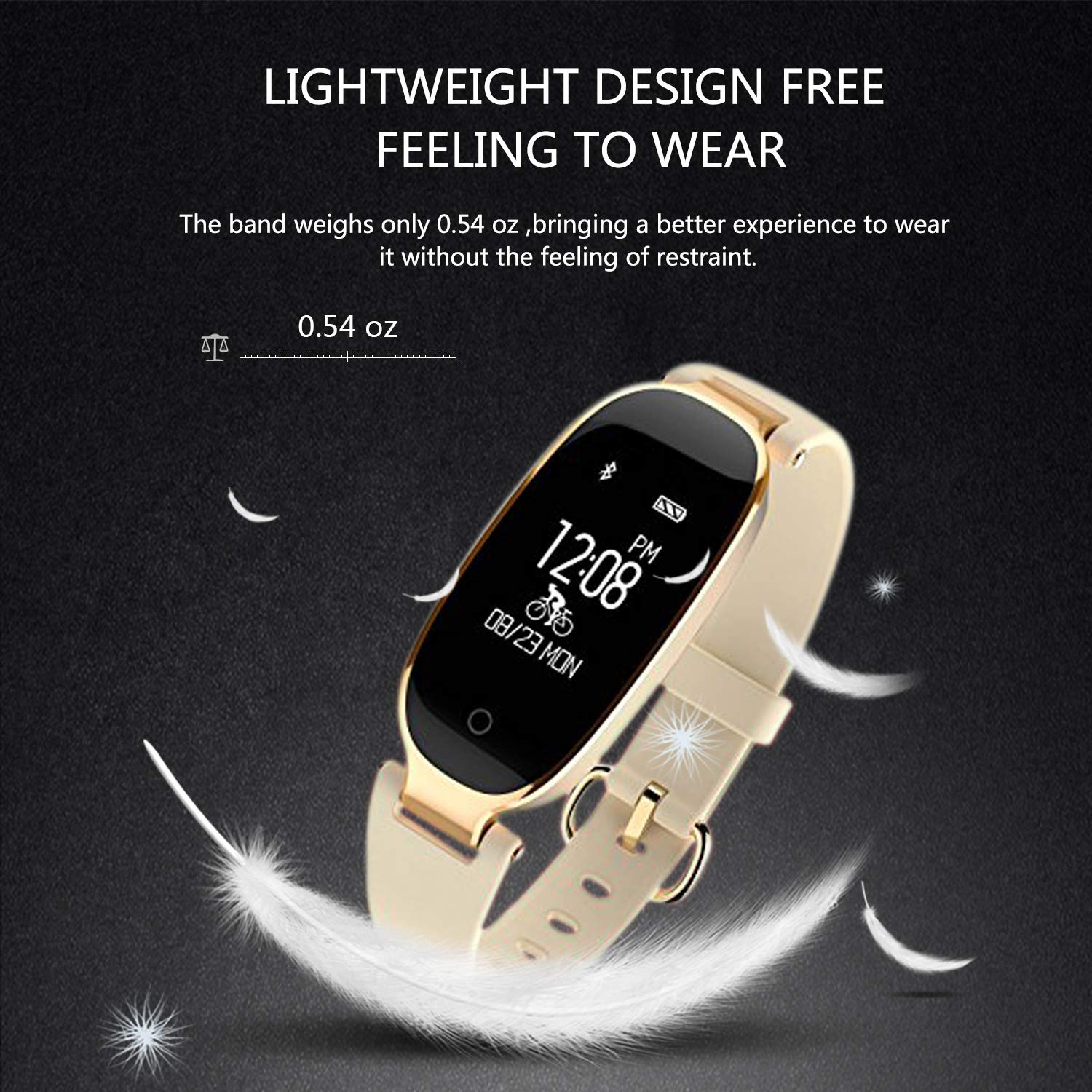 Fitness Tracker, WOWGO Women Sport Tracker Smart Watch Band Bracelet, Heart Rate Monitor Smart Bracelet,Wristband Watch with Health Sleep Activity Tracker Pedometer for iOS Android Phone, Gold