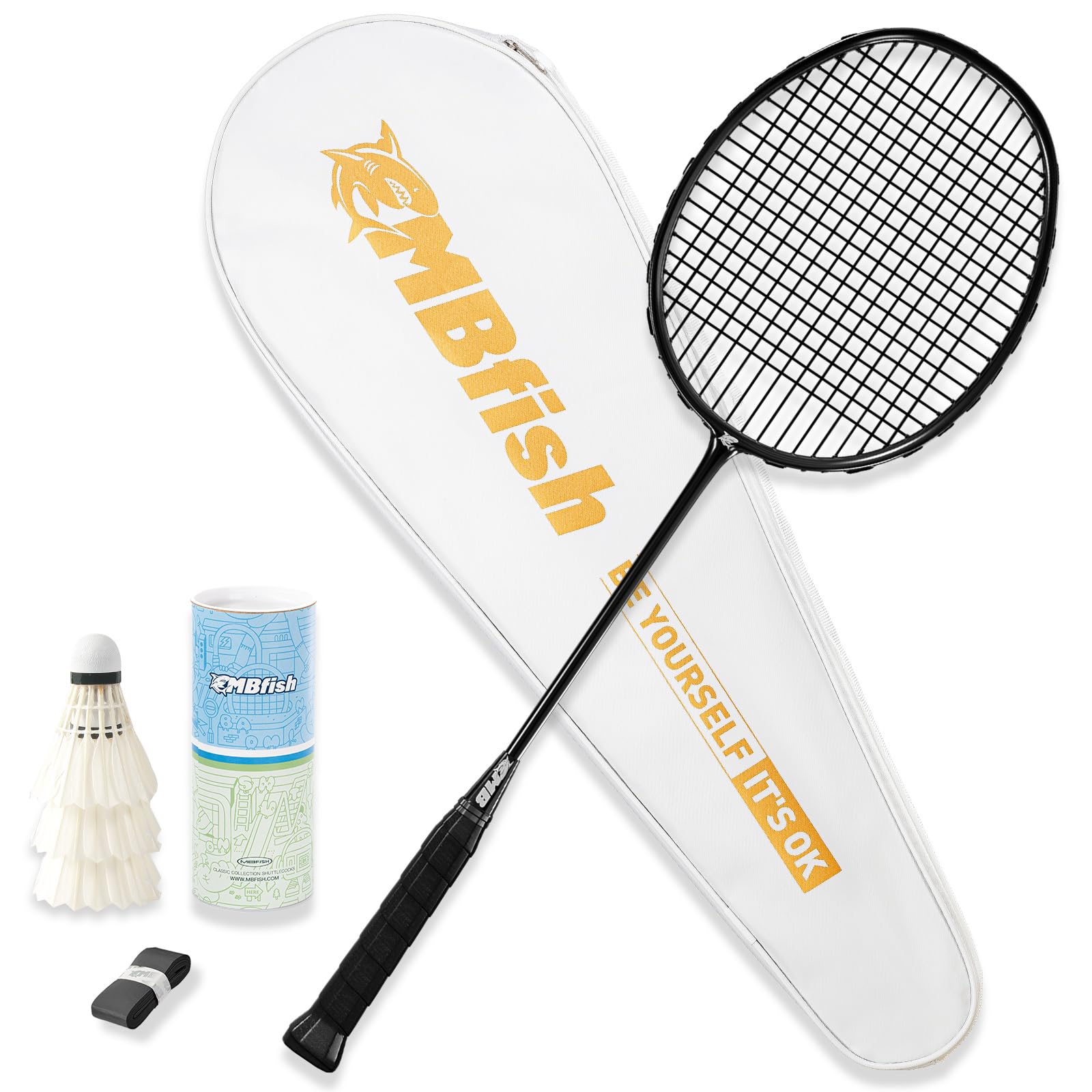 Photo 1 of MBFISH Badminton Racket Set with 1 Carbon Fiber Racquet, 3 Shuttlecocks, 2 Replacement Grip Tapes and 1 Badminton Bag - Perfect for Outdoor Games and Gym 5U Carbon Black 1P