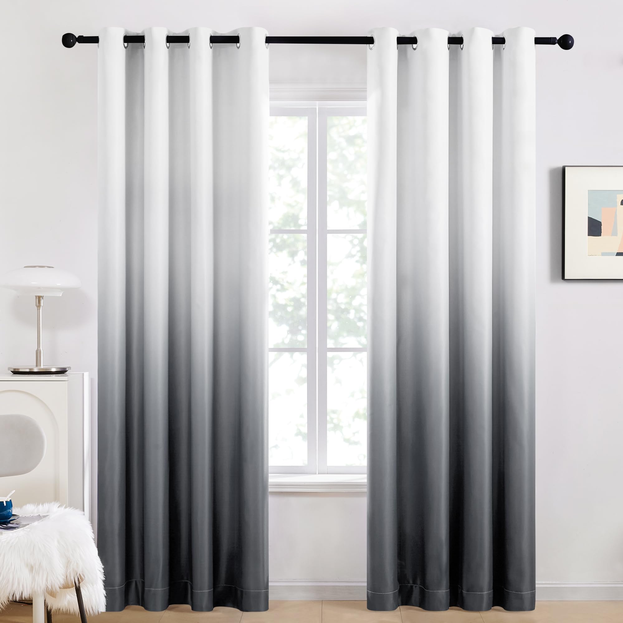 Deconovo Grey Curtains for Bedroom Thermal Insulated Top Ring Blackout Curtains Noise reducing Eyelet Curtains for Living Room 52 x 84 Inch Light Grey and White 1 Pair