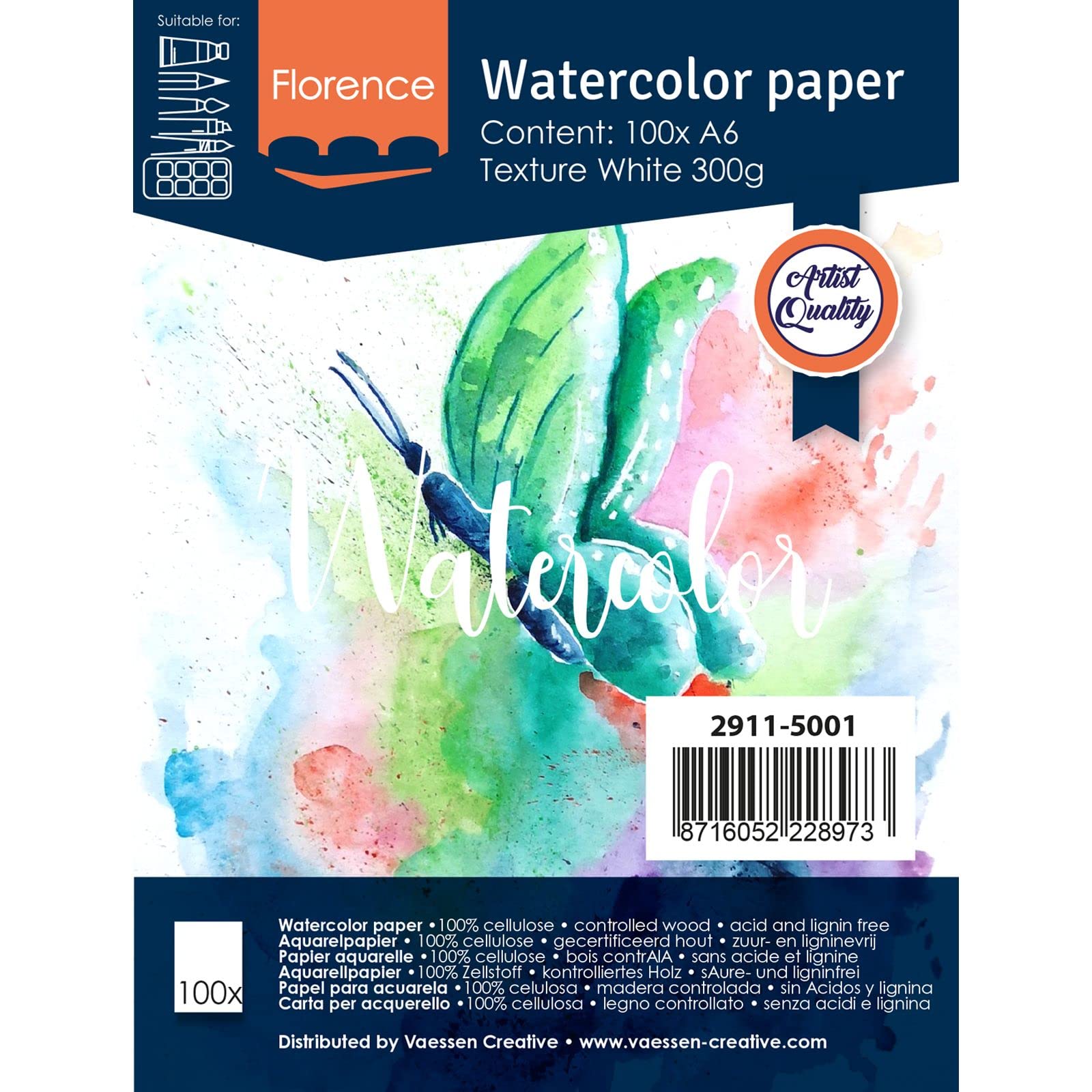 Vaessen Creative Florence Watercolour Paper A6, White, 300 GSM, Artist Grade Quality, Textured Surface, 100 sheets for Painting, Handlettering, Art Projects and More