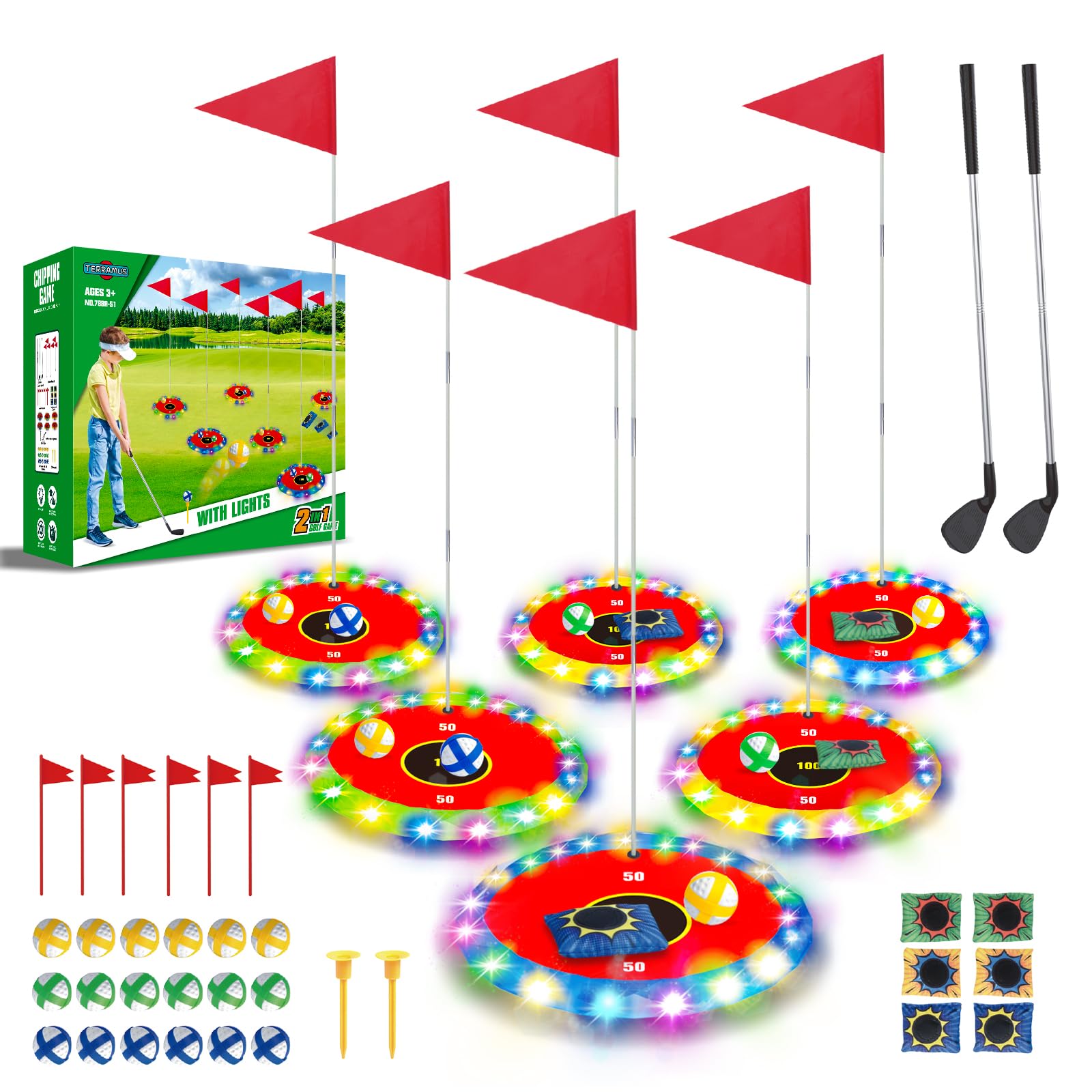 Photo 1 of TERRAMUS Light Up Golf Play Set - Upgraded Backyard Golf Chipping Game with 6 LED Targets, 2 Clubs, 18 Balls, 6 Bean Bags, Night Golf Toys Gifts for Kids Golfers Family Indoor Outdoor Beach Lawn Park