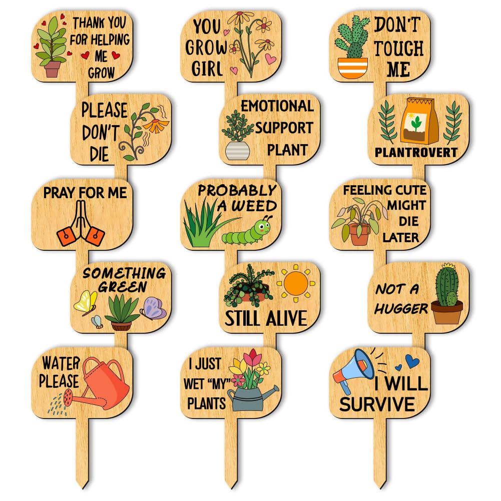 arricraft 15 Pcs Wood T-Type Plant Tags, Flower Plant Garden Stakes with Words Plant Labels for Indoor and Outdoor Markers Vegetable Seedling Label Plant Sign, 70x50mm/2.75x1.96inch
