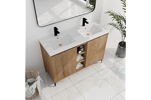 SSLine 48-Inch Bathroom Vanity with Double Sink Classic Floor Stand Bathroom Vanity with White Top Basin Double Sink Wood Bathroom Cabinet with Soft-Close Doors & Open Cubes (Imitative Oak)