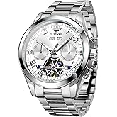 OUPINKE Watch for Men Automatic Wristwatch Sapphire Crystal Calendar Skeleton Luminous 3D Dial with 5ATM Waterproof Luxury Tungsten Steel Strap