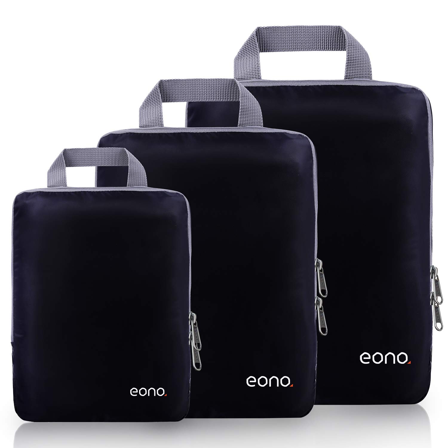 Eono Compression Packing Cubes, Luggage Organiser Set, Extensible Suitcase Organiser, Packing Organisers for Suitcases, Packing Cubes for Travel or Home Storage - Black, 3 Set