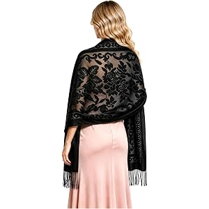 BRYCTSISEN Women Lace Velvet Shawl Wrap Wedding Evening Bridesmaid Scarf | Women Floral Lace Velvet Shawls and Wraps Outwear