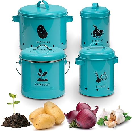 Amazon Com Vintage Storage Bins Storage Containers For Onion Garlic Potatoes And Compost Bin Vegetables Bins For Kitchen Metal Storage Tins With Aerating Holes And Lid Set Of 4 Vintage Canisters