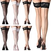 Sintege 6 Pairs Women Seamed Thigh High Stockings Cuban Heel Stockings Sheer Socks Backseam Thigh High Closed Toes Socks