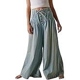 CHARTOU Women's Baggy Wide Leg Denim Pants Drawstring Midi Waisted Flare Jeans Ruffle Pleated Button Jeans
