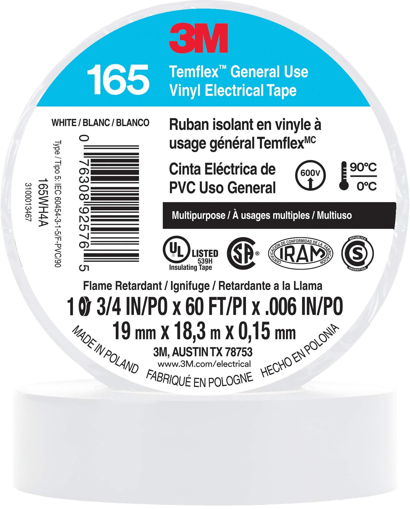 3M Temflex 1610 General Purpose Vinyl Electrical Tape – 19mm X 20m, White – 10 Pack