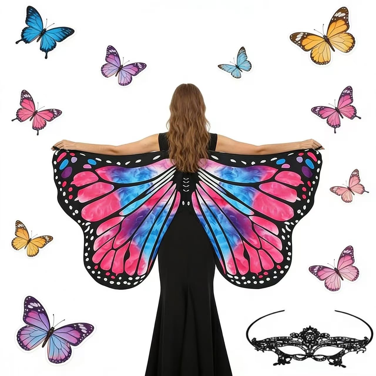 Plliocse Womens Butterfly Wings Costume, Adult Fairy Wings with Black Lace Eye Mask,Girls Butterfly Wings Shawl Perfect for Christmas Halloween Party (Gradient Rose Red Blue)