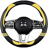 Iwantit® Steering Wheel Covers with Leather and Anti-Slip Rubber Ring, Universal Fit 14.5-15 inches for Cars,SUV (Yellow/Black)