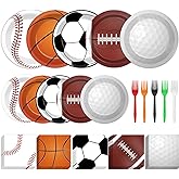 100 Pcs Sports Birthday Party Decorations Sports Themed Plates and Napkins Basketball Football Soccer Baseball Rugby Disposable Dessert Tableware Set for Boy Birthday Party Supplies Favors