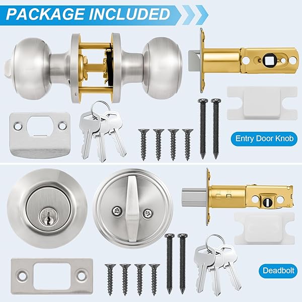 PLUSTOOL 4 PACK EXTERIOR DOOR LOCK SET, SATIN NICKEL DOOR KNOB AND DEADBOLT COMBO SET, KEYED ALIKE ENTRY DOOR KNOBS WITH LOCK&KEYS, ROUND BALL DOOR LOCKSETS WITH DEADBOLT FOR ENTRANCE AND FRONT DOOR