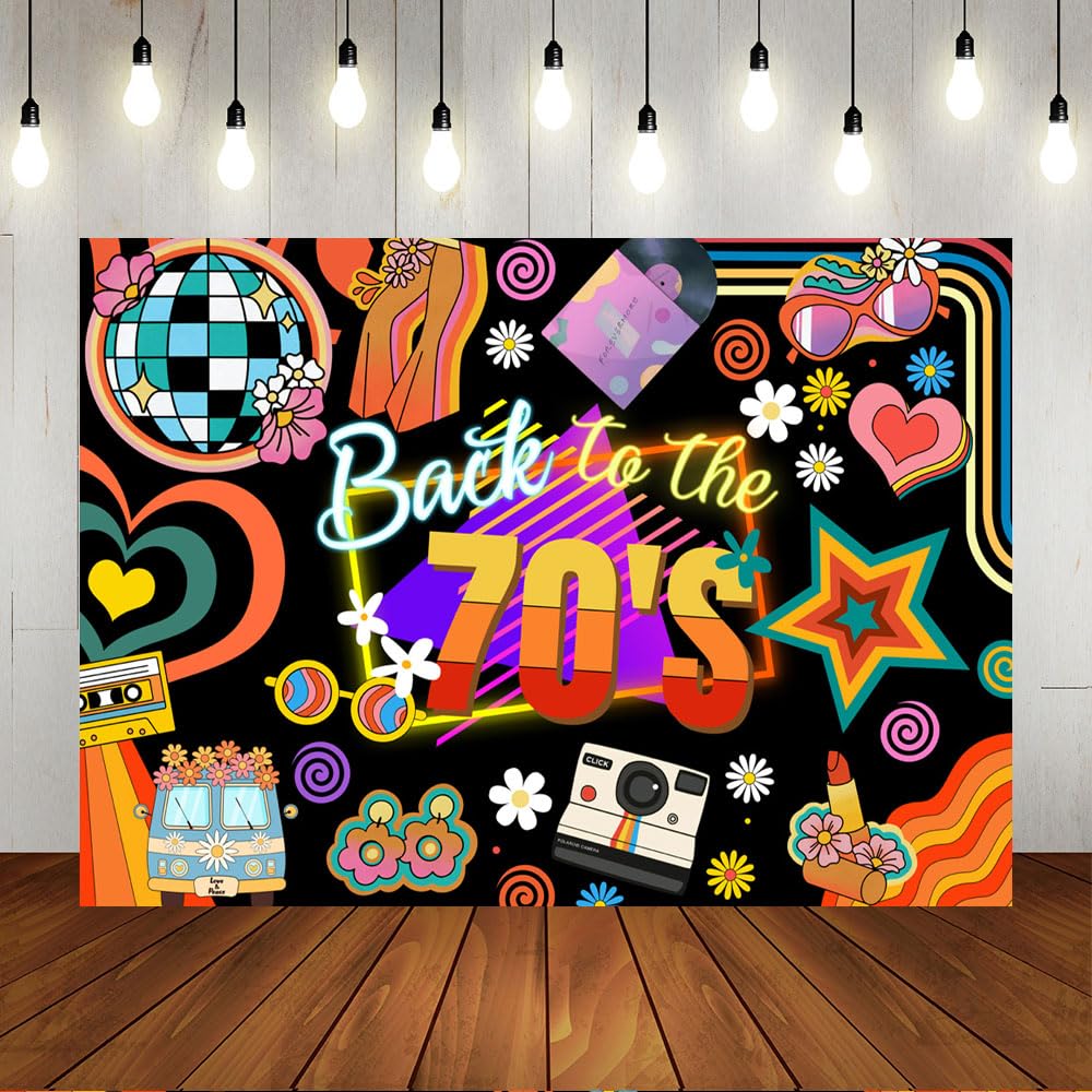Photo 1 of Lofaris Back to 70s Party Backdrop for Adults Disco Party Decorations 1970's Retro Disco Ball Let's Glow Crazy Neon Dance Night Photoshoot Photography Background Banner Party Decor for Supplies 7x5ft