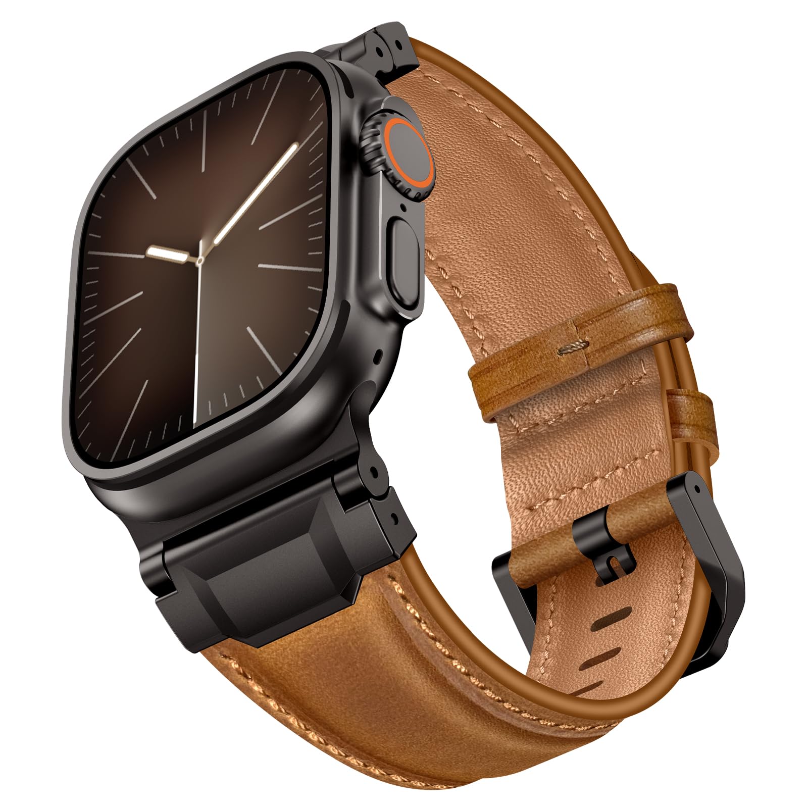 LOIRNBR Leather Bands Compatible with Apple Watch Ultra 3/2/1 Band 49mm 46mm 45mm 44mm 42mm Men, Leather Metal Connector Strap for iWatch Ultra Series 11/10/9/8/7/SE/6/5/4/3/2/1, Retro Brown/Black
