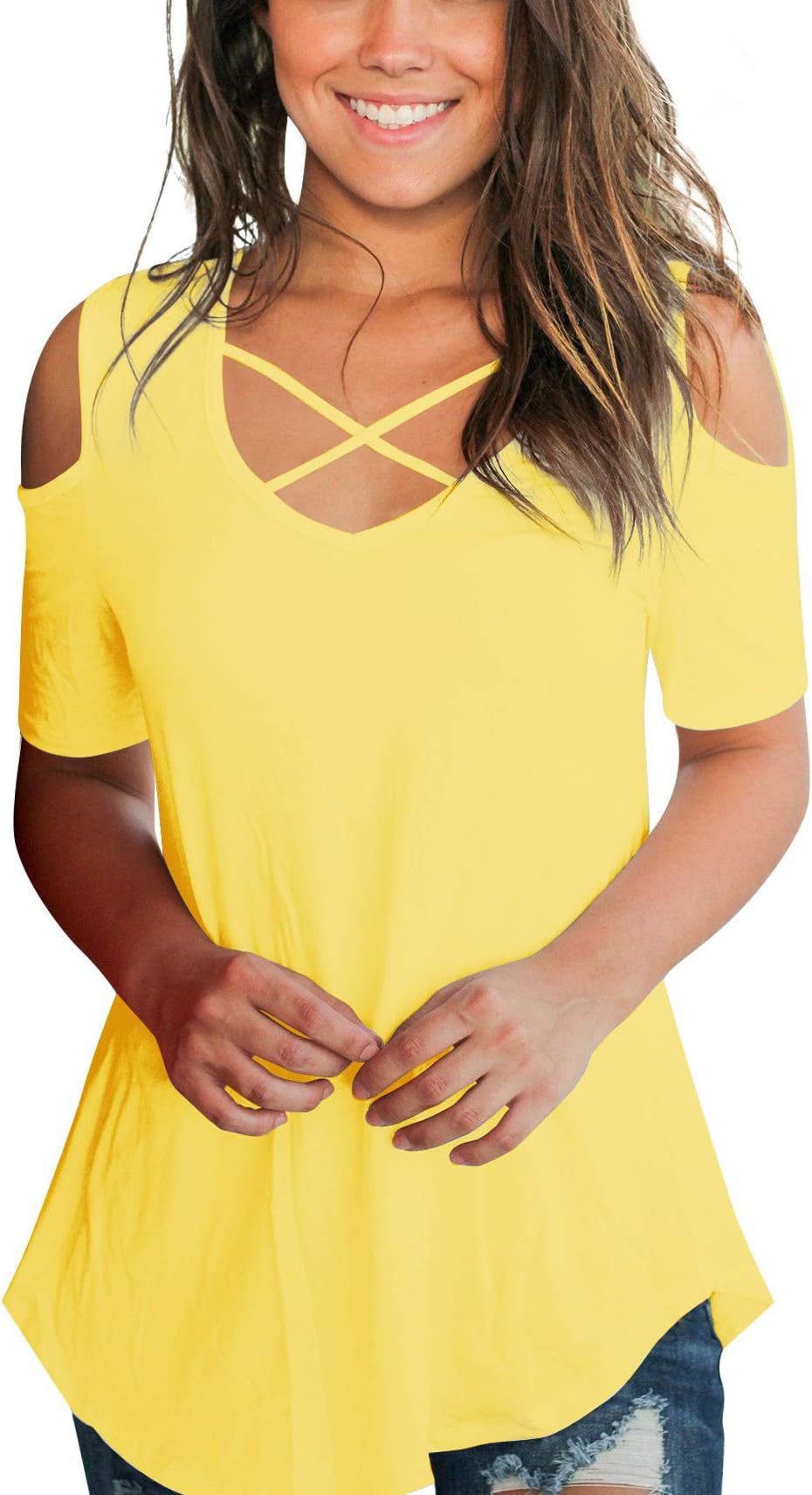 Aolakeke Cold Shoulder Short Sleeve Casual Cold Shoulder Tunic Tops Loose V Neck Criss Cross Blouse Shirts