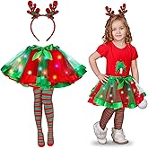 Liitrsh 4 Pcs Girls Christmas Costume Set Light up Tutu Skirt Striped Tights LED Reindeer Headbands Necklace for Ballet Stage Show Kindergarten Holiday Dress Party Outfits Cosplay for 4-7 Years Old