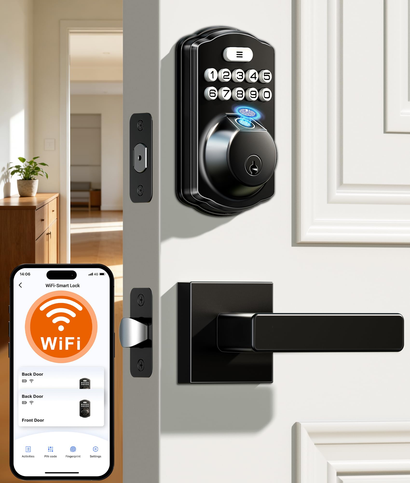 Photo 1 of Veise VE012W-L Built-in Wi-Fi Fingerprint Smart Lock with Lever Handle Set, App Remote Control, Keyless Entry for Front Door, Deadbolt Digital Backlit Keypad, Voice Assistant, Auto Lock, Matte Black