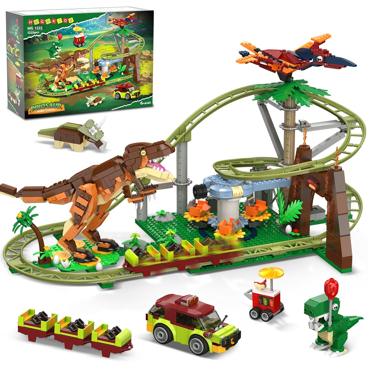 HOGOKIDS Dinosaurier Achterbahn Bausteine Spielzeug – 1222pcs Achterbahn Bauspielzeug mit 4 Dinosauriern, Geländewagen, Dinosauriermodellen, Geschenk für Erwachsene, Mädchen Jungen ab 8 Jahren