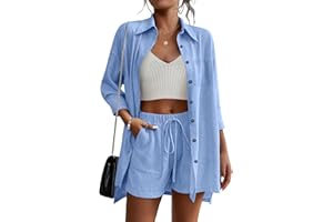 Beyove Women's Cotton Linen Set Casual Tracksuit Button Down 3/4 Sleeve Shirt Drawstring Shorts Pockets 2 Piece Lounge Set