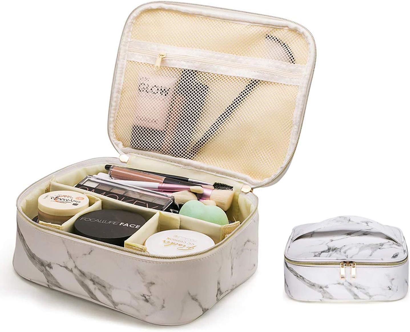 Marble Makeup Organizer Bag Portable Travel Cosmetic Case Large Multifunction Toiletry Storage with Removable Dividers Brush Holder PU Gold Zipper Storage for Women and Girl,White