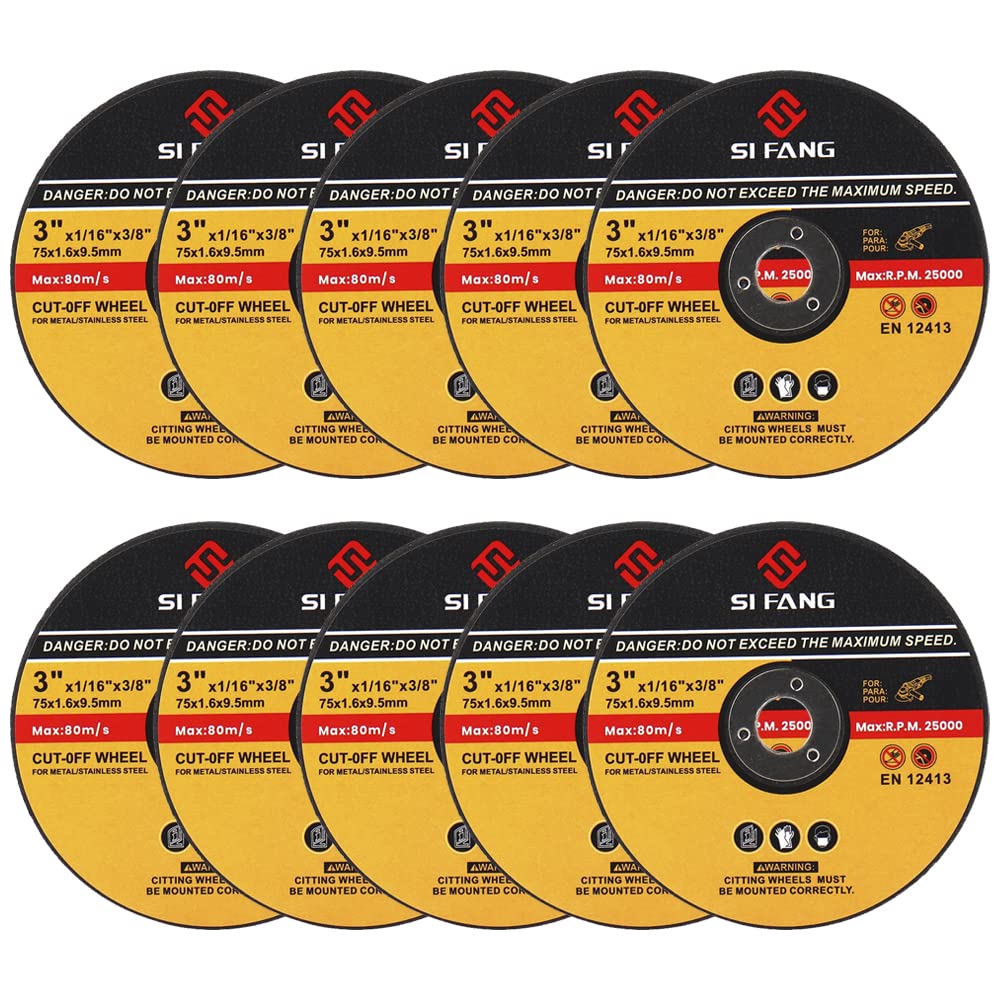 SI FANG 3 inch Cut Off Wheels 10 Pack, Metal and Stainless Steel Cutting Discs, 75mm x1.6mm x 9.5mm Arbor Cutting Wheel Doubly Reinforced Grinding Discs for Angle Grinder/Drill Attachment
