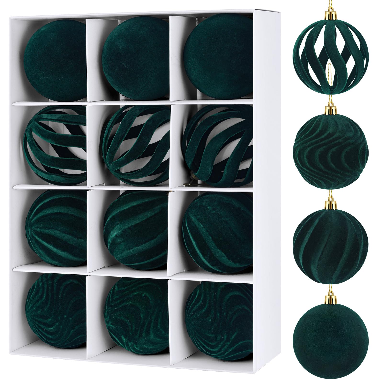 View 1 of 12Pcs 3.15in Velvet Christmas Tree Balls Ornaments Plastic Flocked Shatterproof Handmade Hanging Decoration Plush Balls Sets for Christmas (Green)