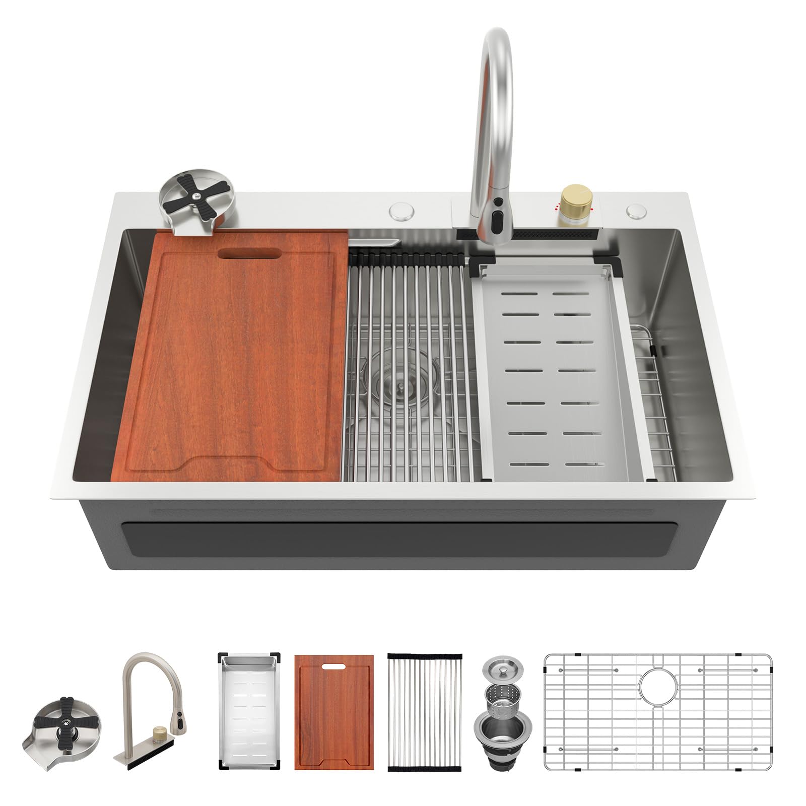 Photo 1 of 36 Drop In Kitchen Sink with Faucet - Lordear Waterfall Kitchen Sink Smart 36x22 Topmount Sink Stainless Steel 16 Gauge Single Bowl Workstation Sinks With Faucet Combo