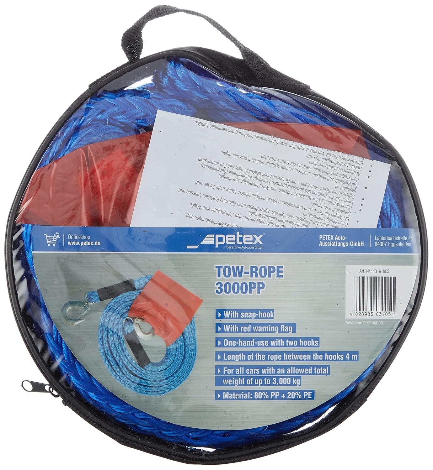 Petex 43191805 Tow Rope, 3000 Blue Design with 2 Snap Hooks, Pull: 3000 kg