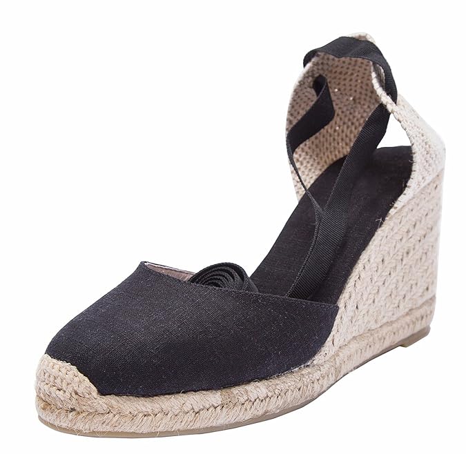 SimpleC Damen Klassische Denim Keilabsatz-Espadrilles mit Bändern zum Schnüren