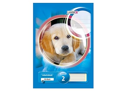 LANDRE 100050444 Arbeitsblock Klausurenblock Schulblock 5er Pack A4 50 Blatt liniert 80 g/m² gelocht kopfgeleimt Motiv: Hund