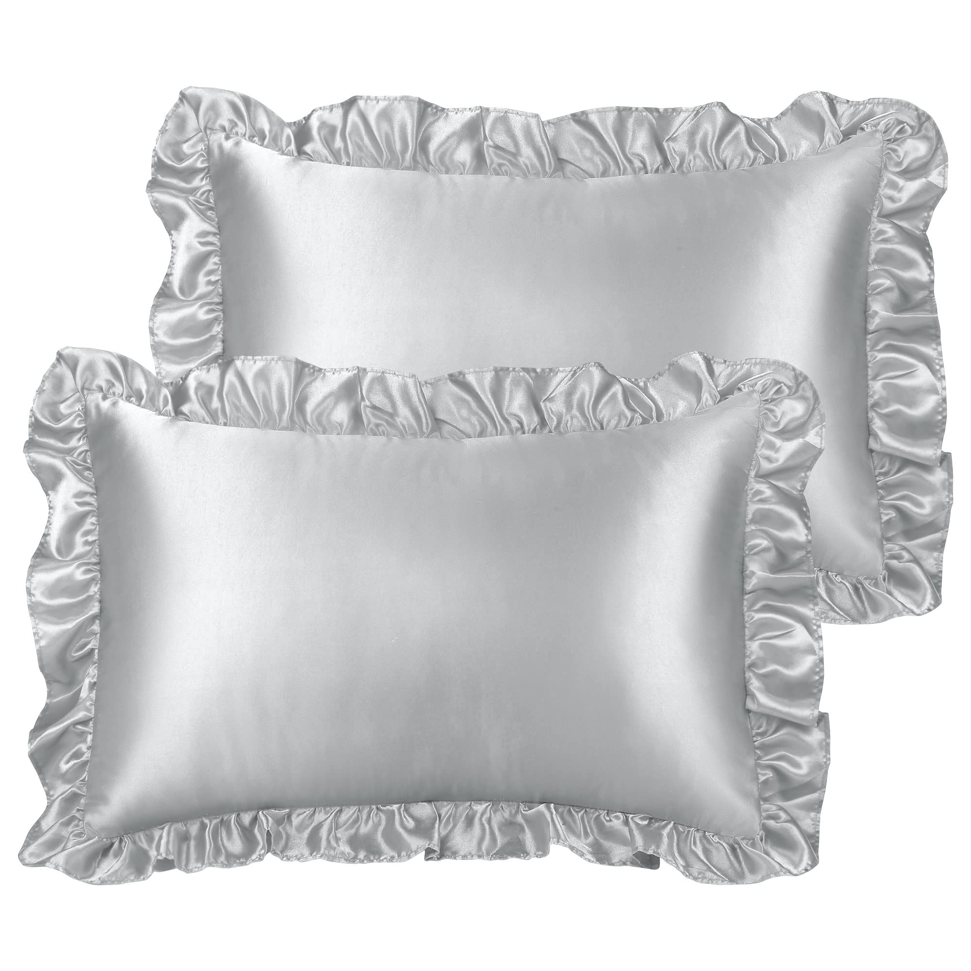 PiccoCasa Satin Pillowcases for Hair and Skin, Retro Silky Pillow Cover with Luxury Ruffle and Envelope Closure Satin Pillow Cases 2 Pack Silver 50 x 75cm