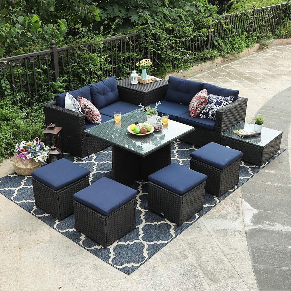 PHI VILLA Outdoor Patio Furniture Set- Outdoor Sofa (9-Piece, Sofa, Table and Stools)