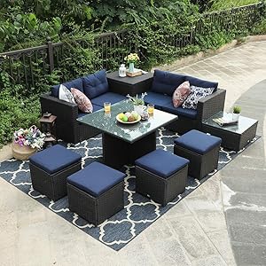 PHI VILLA Outdoor Patio Furniture Set- Outdoor Sofa (9-Piece, Sofa, Table and Stools)