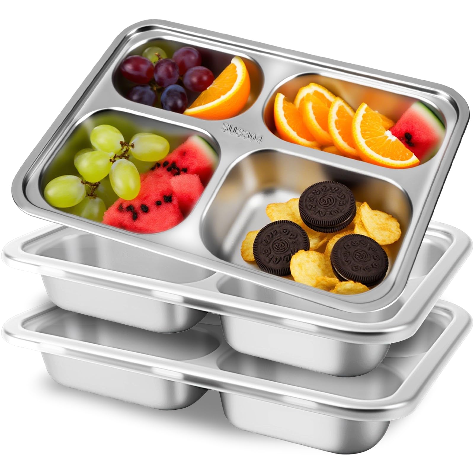 Photo 1 of 3 Pack Snack Containers for Kids Adults - 4 Compartment Stainless Steel Containers with Lids, Lunch Box, Meal Prep Containers, Divided Stainless Steel Food Storage Boxes for School, Home, Travel
