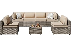 Shintenchi 7 Pieces Outdoor Patio Sectional Sofa Couch, Wicker Furniture Conversation Sets with Washable Cushions & Glass Coffee Table for Garden, Poolside, Backyard (Khaki)