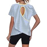 Kimmery Striped Open Back Workout Tops for Women Breathable Short Sleeve Athletic Shirts with Asymmetric Hem for Gym & Yoga