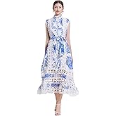 LAI MENG FIVE CATS Women's Sleeveless Hollow Out Lace Button Up Casual Midi Party Dress with Belt