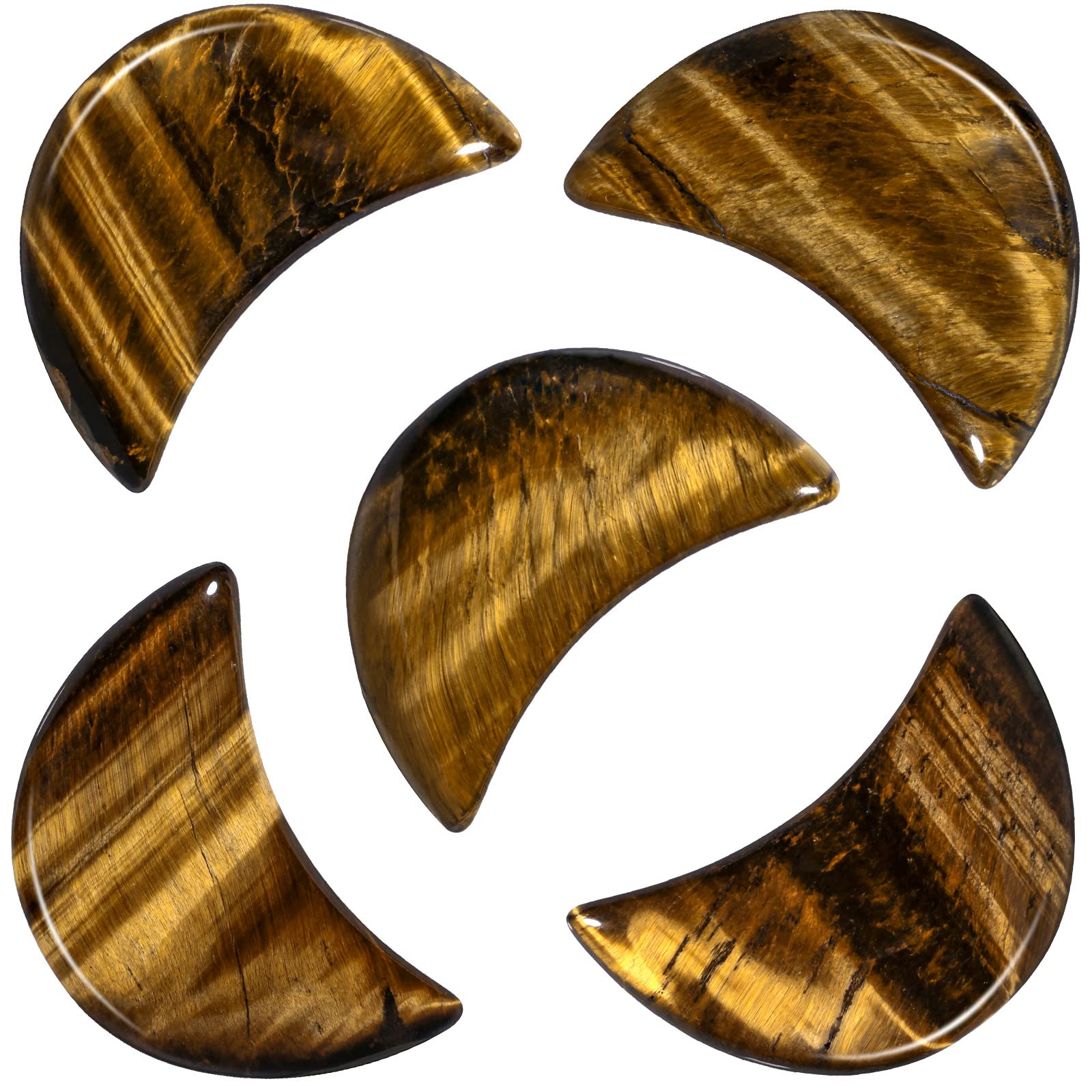mookaitedecor Set of 5 Tiger's Eye Moon Shape Palm Worry Stones for Anxiety and Jewellery Making, Stone Pendant for DIY Necklace, Reiki Chakra Healing Crystals Semi Precious Stones for Home Decor