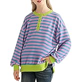 Bkixhv Girls Oversized Sweatshirt Kids Striped Color Block Shirt Long Sleeve Pullover Tops Fall Clothes 5-14 Years