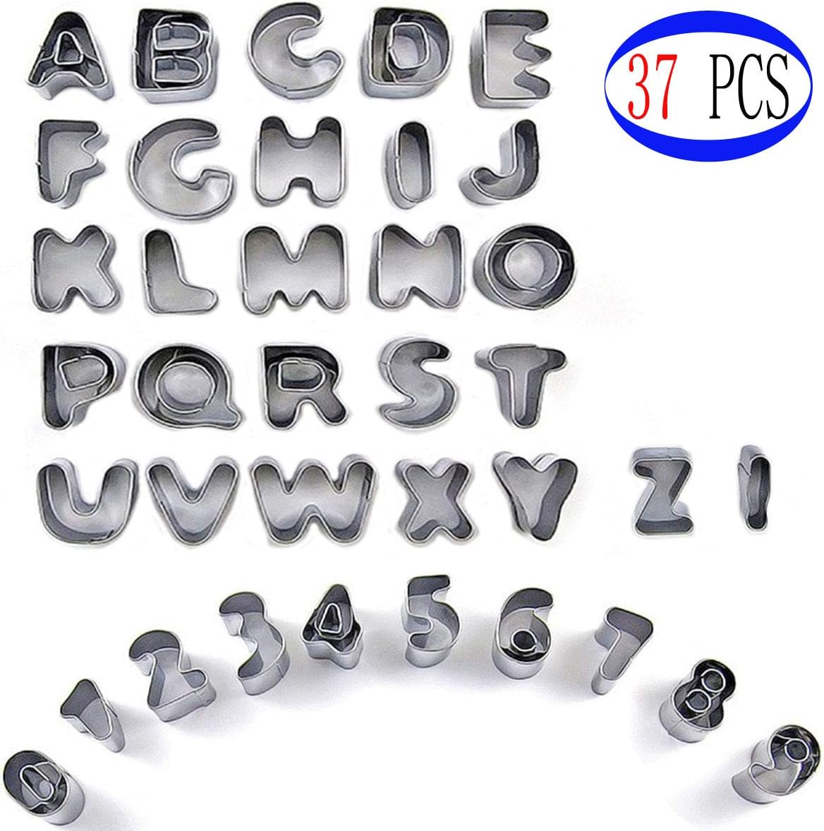 Bangbuy 37 Pcs Cookie Cutter Set, Mini Stainless Steel Alphabet and Number Cookie Cutters Small Mold Cookie Tools for Fondant Biscuit, Cake, Fruit, Vegetables