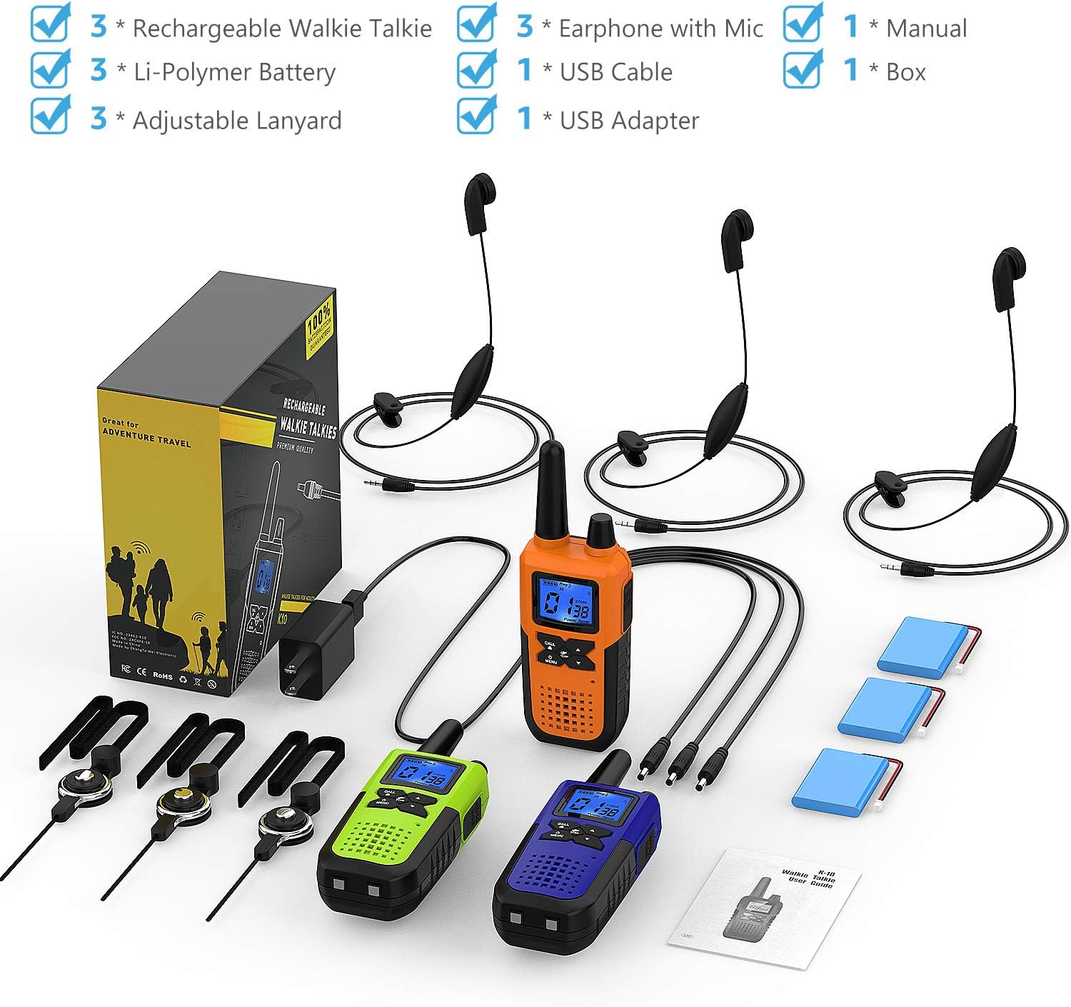 3 Long Range Walkie Talkies Rechargeable for Adults - NOAA FRS GMRS UHF 2 Way Radios Walkie Talkies - CB Long-distance 2way Walkie Talkies with Earpiece Mic Weather Alert USB Cable Charger(K10 Colors): Car Electronics