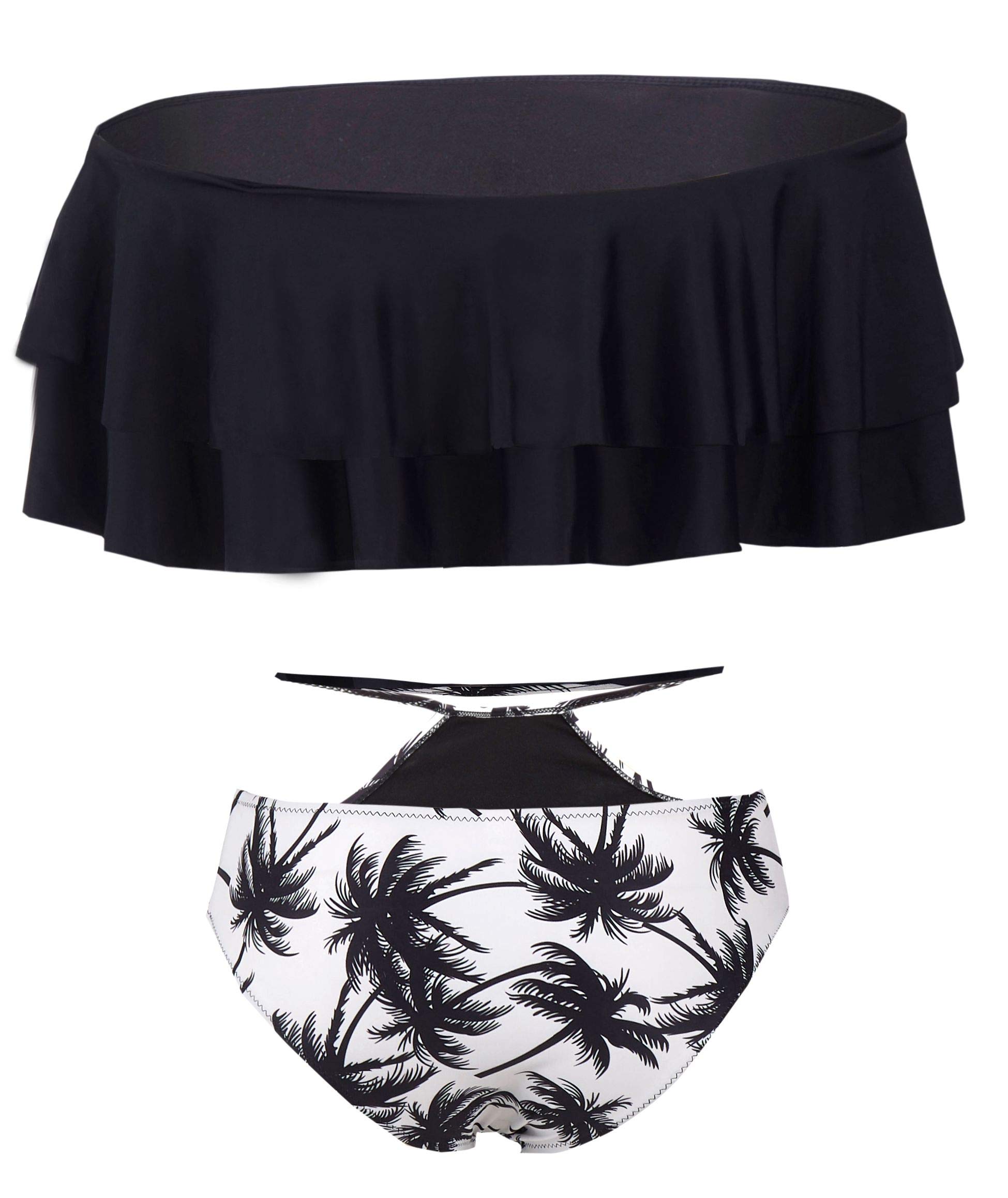 Yong Dong Bikini Swimsuits for Women Ruffle Flounce Off Shoulder Bathing Suits High Waisted Bikini Swimwear Black M