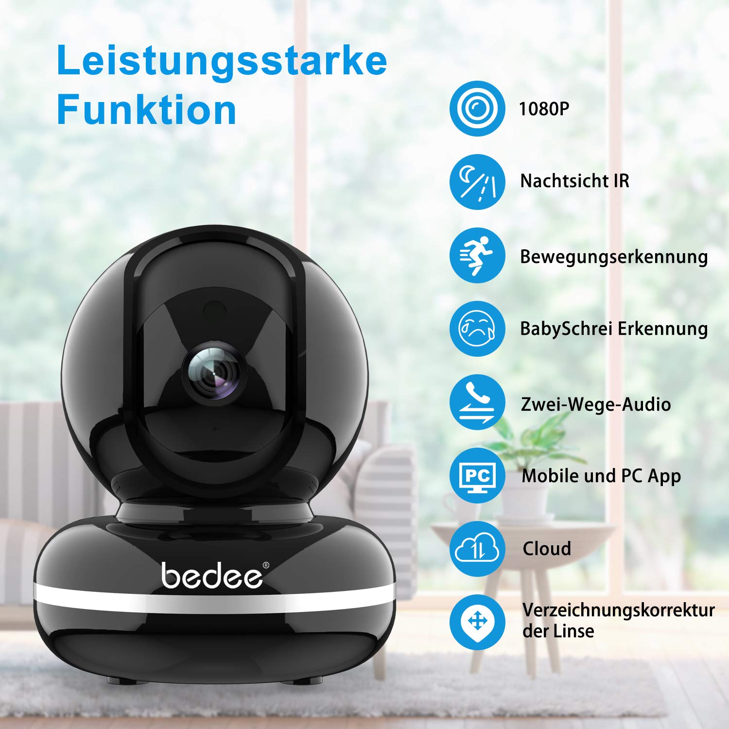 WLAN IP Kamera, bedee WiFi Überwachungskamera 1080P HD Sicherheitskamera mit Bewegungserkennung, Zwei-Wege-Audio WLAN Kamera Indoor Nachtsicht, Haustier/Home/Baby Monitor 355°/110°Schwenkbar Schwarz