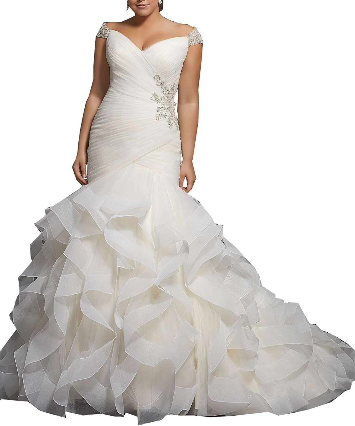 XSWPL Women's Mermaid Wedding Dresses For Bride Cap Sleeve Beaded Bridal Gown